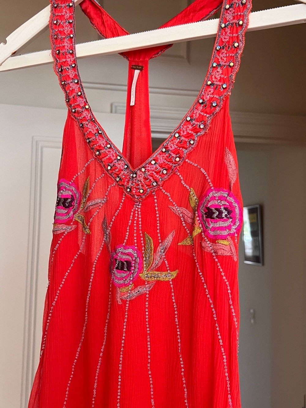 Free People One-Shoulder Red Embroidered Floral Dress